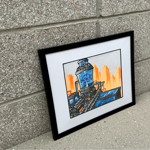 Original Art Orange and Blue Industrial Style on Canvas Board 8x10 Framed - Picture 2 of 8